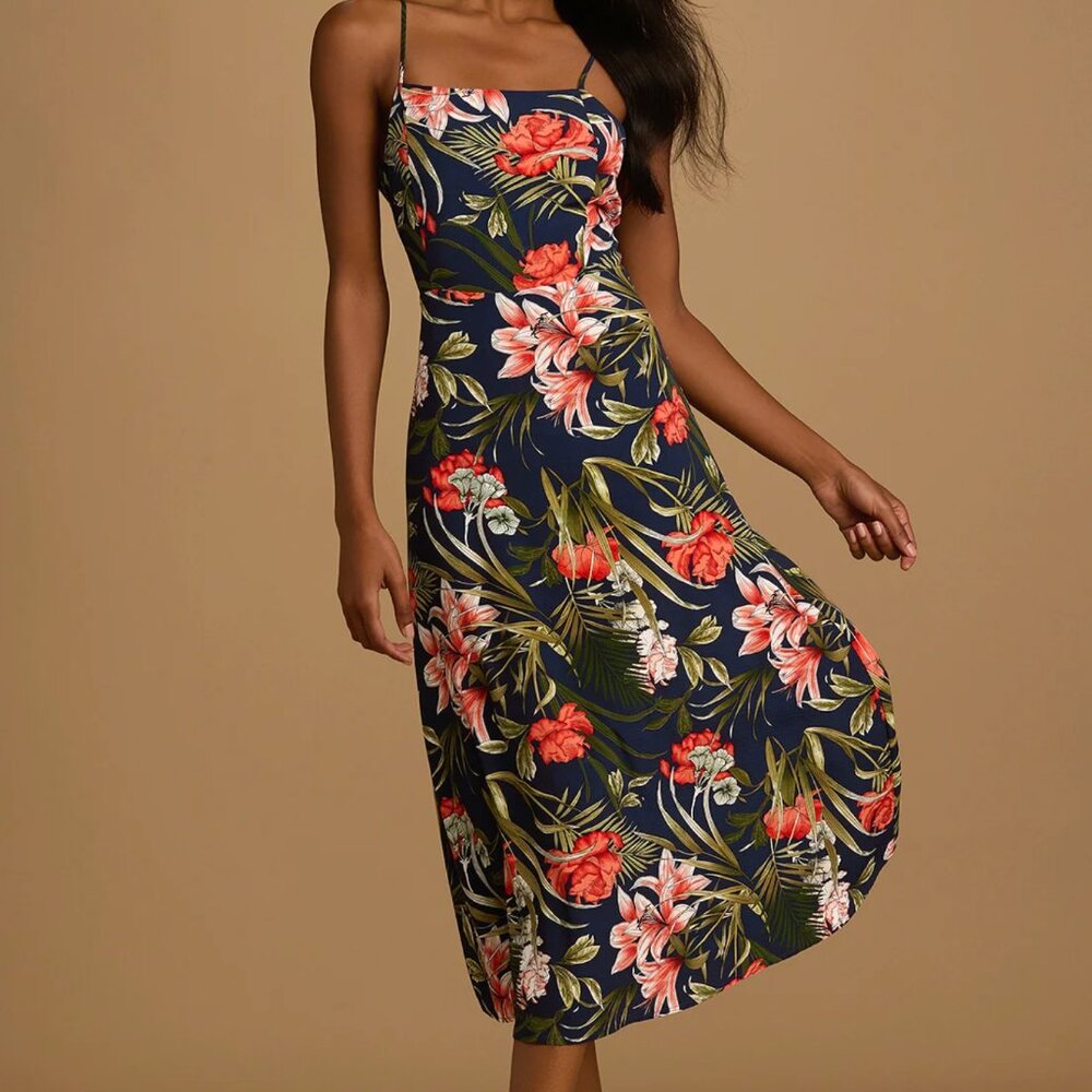 Lulus The Perfect Getaway navy blue floral print tie-back midi dress